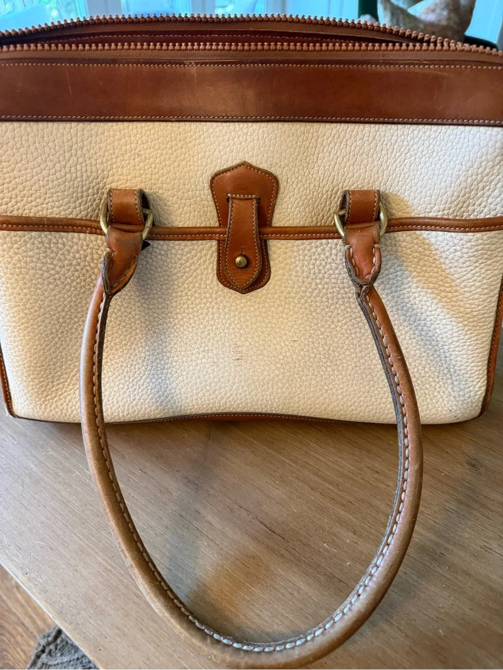 Leather-Trim Cream Tote Bag with Brown Accents